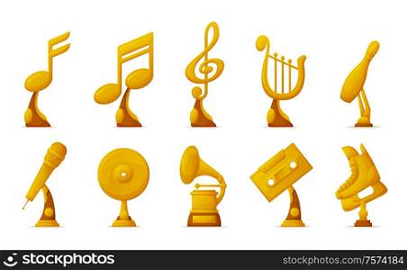 Music and sport awards vector, isolated icons of cassette and notes set. Microphone and harp instrument, musical contest and skiing boot gold prize. Music and Sport Awards, Cassette and Notes Icons