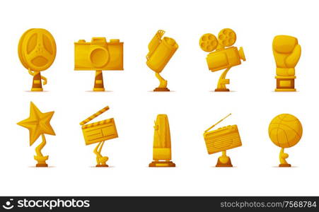 Music and sport, gold prize trophies for cinema vector. Film reel and photo or video camera, star and radio, boxer glove and basketball, metronome shapes. Gold Prize Trophies for Cinema, Music and Sport