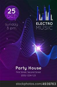 Music Audio Equalizer Poster. Glowing electro music audio equalizer party house poster flat vector illustration