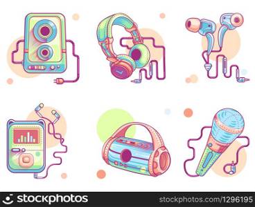 Music audio icons, vector line art set. Modern color pictogram collection of music devices, subwoofer, portable speaker, music player with in-ear headphones and microphone isolated on white background. Music or audio line art icons, color pictogram