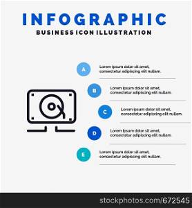 Music, Audio, Speaker, Loud Blue Infographics Template 5 Steps. Vector Line Icon template