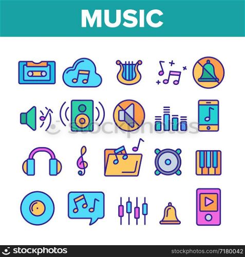 Music, Audio Vector Thin Line Icons Set. Music Listening Apps, Audio Files Storage Linear Pictograms. Old, Modern Voice Recording Technology. Speakers, Mute Mode, Settings Contour Illustrations. Music, Audio Vector Thin Line Icons Set