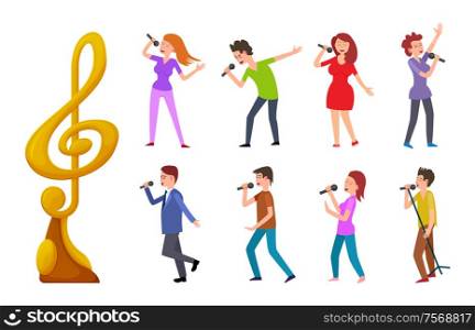 Music award and people singing vector, singers on contest. Performers wearing festive clothes holding microphones, musical performance of woman man. Music Award and People Singing, Singers Contest