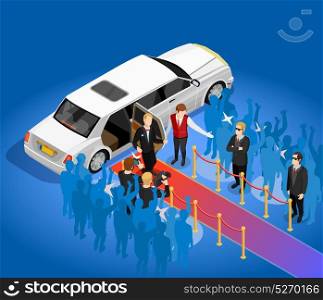 Music Award Celebrity Limousin Isometric Illustration . Music award night ceremony celebrity arriving scene with limousin red carpet and paparazzi isometric poster vector illustration
