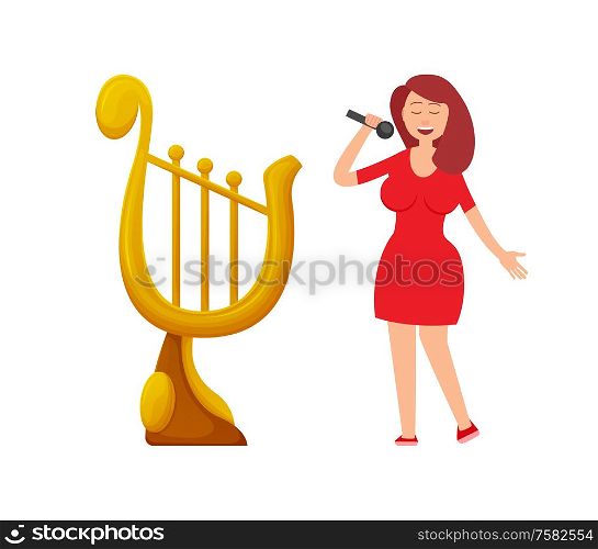 Music award in form of harp vector, lady singer singing isolated cartoon character. Woman in red dress holding microphone, performance of musical contestant. Music Award in Form of Harp, Lady Singer Singing