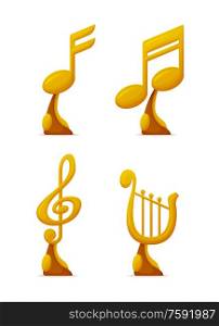 Music award, reward of musical players and singers vector. Isolated icons set of gold prizes with notes and harp music instrument trophy for winners. Music Award, Reward of Musical Players Singers