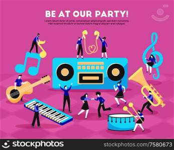 Music background composition of editable text description music instruments key note symbols and small people characters vector illustration