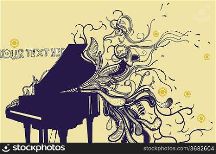 music background with a grand piano and fantasy plants and ears