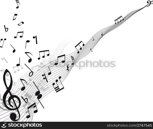 Music background with different notes on the white