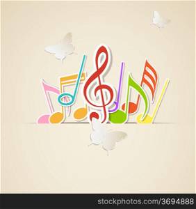 Music background with paper notes and butterflies