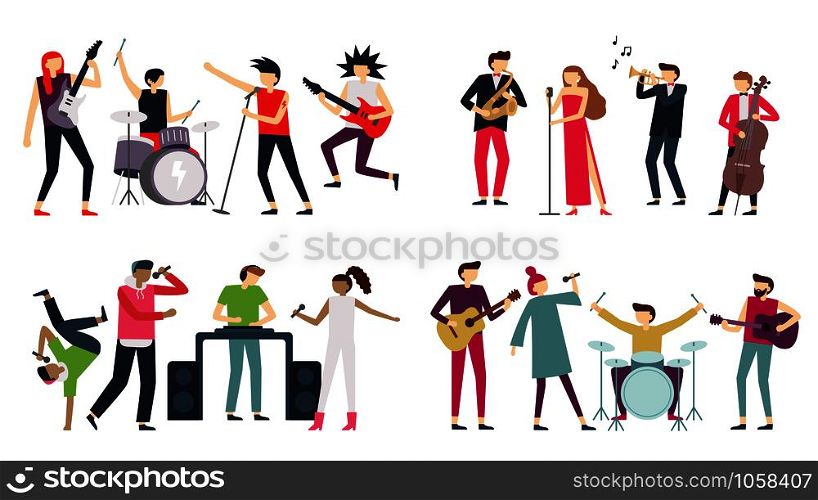 Music band. Jazz blues, punk rock and indie pop bands. Metal guitarist, drummer and rap singer isolated musicians, choir quartet concert. Singing or playing people flat vector icons set. Music band. Jazz blues, punk rock and indie pop bands. Metal guitarist, drummer and rap singer isolated musicians vector set