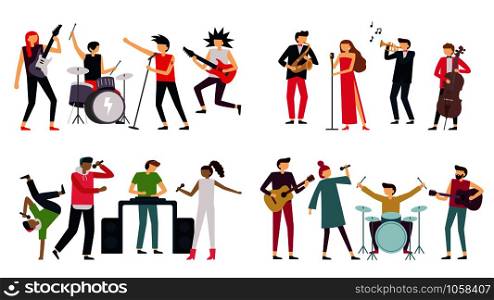Music band. Jazz blues, punk rock and indie pop bands. Metal guitarist, drummer and rap singer isolated musicians, choir quartet concert. Singing or playing people flat vector icons set. Music band. Jazz blues, punk rock and indie pop bands. Metal guitarist, drummer and rap singer isolated musicians vector set