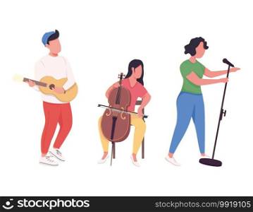 Music band performance flat color vector faceless characters. Musicians with classical instruments, singer with microphone isolated cartoon illustration for web graphic design and animation. Music band performance flat color vector faceless characters