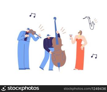 Music Band Playing Classic Music. Flat Cartoon with Performing Man Violinist, Contrabass Player and Beautiful Drinking Woman in Luxury Dress. Live Concert Music Festival Vector Illustration. Music People Playing Classic Music Flat Cartoon