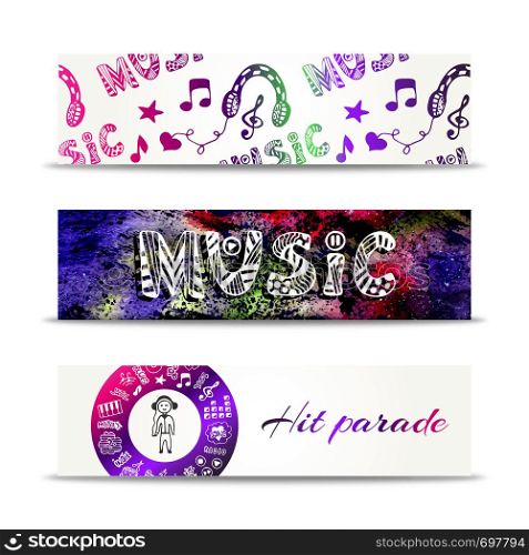 Music banners. Vector template with doodle lettering and musical elements. Hit parade concept. Music banners. Vector template with doodle lettering and musical elements. Hit parade concept.