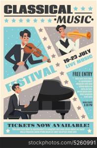 Music Cartoon Poster. Colored music cartoon poster with classical music festival headline and description about event vector illustration