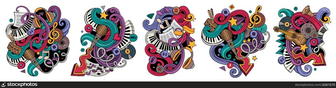 Music cartoon vector doodle designs set. Colorful detailed compositions with lot of musical objects and symbols. Isolated on white illustrations. Music cartoon vector doodle designs set