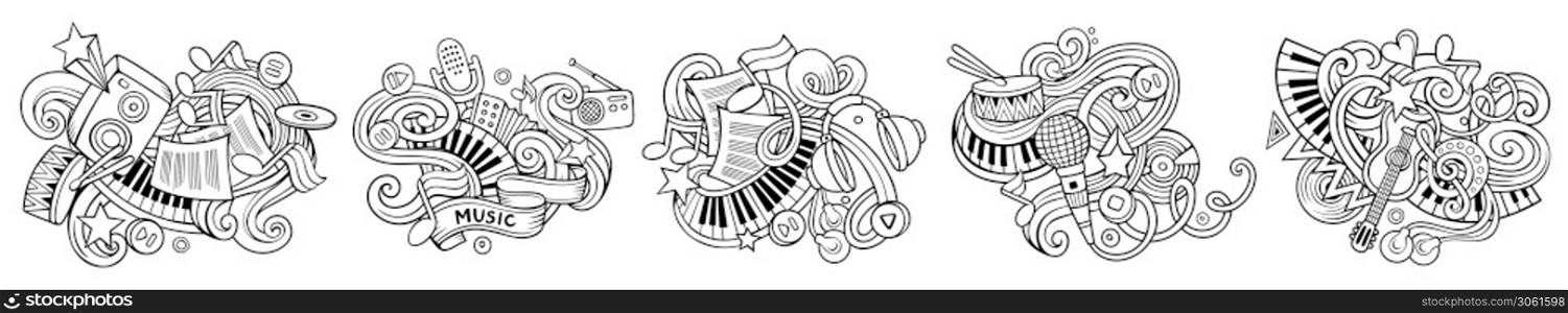 Music cartoon vector doodle designs set. Sketchy detailed compositions with lot of musical objects and symbols. Isolated on white illustrations. Music cartoon vector doodle designs set