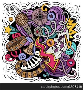 Music cartoon vector illustration. Colorful detailed composition with lot of Musical objects and symbols. All items are separate. Music cartoon vector illustration