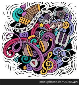 Music cartoon vector illustration. Colorful detailed composition with lot of Musical objects and symbols. All items are separate. Music cartoon vector illustration