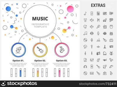 Music circle infographic template, elements and icons. Infograph includes customizable bar charts, line icon set with musical instruments, music notes, mic, smartphone with mobile application etc.. Music infographic template, elements and icons.