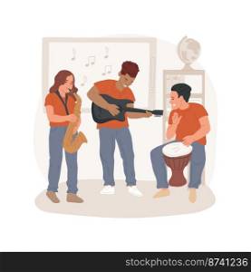 Music club isolated cartoon vector illustration. Music program for young teens, after school activity, creative student club, children dressed in one color play instruments vector cartoon.. Music club isolated cartoon vector illustration.