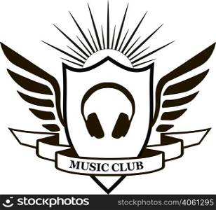MUSIC CLUB, vintage emblems in black and white, logo with headphones vector . MUSIC CLUB