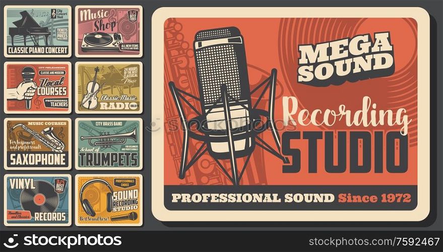 Music concert and musical instruments shop vintage retro posters. Vector sound recording studio, jazz band festival and folk music fest, DJ sound equipment and vinyl records store. Music shop, jazz concert, audio recording studio
