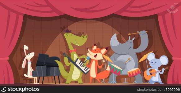 Music concert animals. Outdoor illustrations with zoo animals play music instruments exact vector cartoon background of concert music by animal. Music concert animals. Outdoor illustrations with zoo animals play music instruments exact vector cartoon background