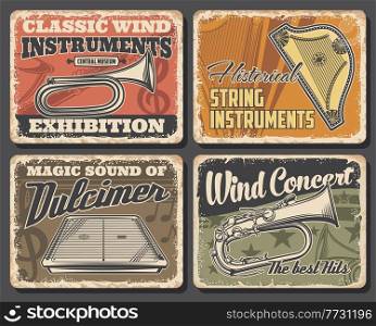 Music concert vector posters with jazz, classic and ethnic orchestra musical instruments. Harp, saxophone, horn and saxhorn, cimbalom, musical notes and treble clef retro invitations design. Music concert posters with orchestra instruments