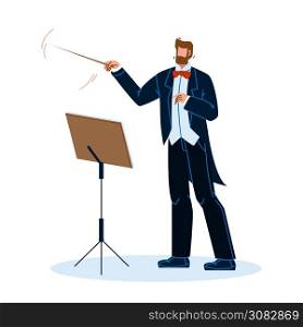Music Conductor Man Conducting Orchestra Vector. Conductor Leader With Stick Baton And Stand With Notes Book Directing Symphony Musicians. Character Gesturing Flat Cartoon Illustration. Music Conductor Man Conducting Orchestra Vector