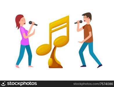 Music contest vector, gold award and contestants with Microphones giving performance. Male and female fighting for prize, note shaped musical reward. Music Contest, Gold Award and Contestants with Mic