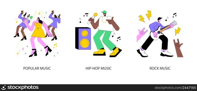 Music culture abstract concept vector illustration set. Popular singer, hip-hop and rock music, top chart artist, musical band production, recording studio, sound mastering abstract metaphor.. Music culture abstract concept vector illustrations.