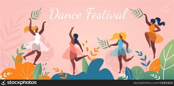 Music Dance Festival Party. Beautiful Happy Afro-American Women Characters in Fashion Dress Dancing. Abstract Flat Poster Event Design with Plant Leaves. Vector Cartoon Invitation Illustration. Music Dance Festival Abstract Poster Event Design