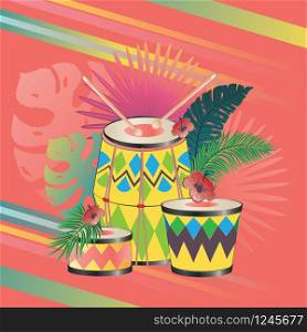 Music design with colorful festive drum and tropical leaves and flowers.