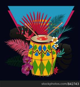 Music design with colorful festive drum and tropical leaves and flowers.