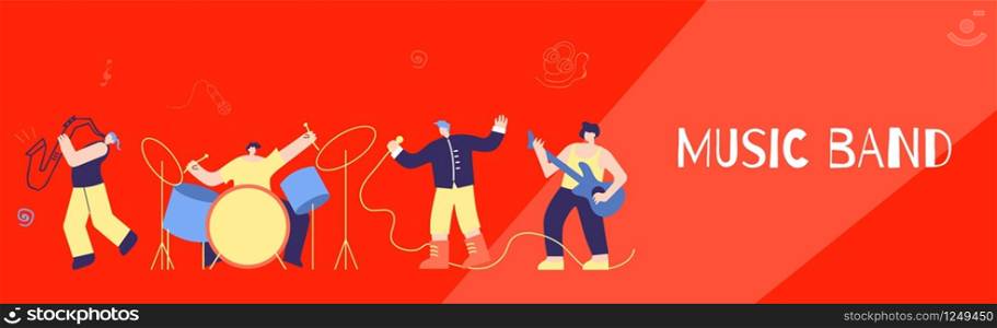 Music Disco Rock Jazz Pop Band Performance. Musician People Playing Musical Instruments Singing Loud Song on Concert Scene. Flat Horizontal Banner. Promotion Advertising Festival Vector illustration. Music Band People Instruments Song Flat Banner