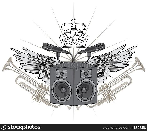 music emblem with speakers, trumpet and wings