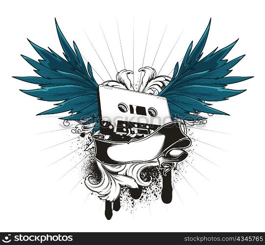 music emblem with wings and cassette