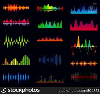 Music equalizer, audio analog waves, studio sound frequency, music player waveform, sound spectrum signal, sonic tracks vector set. Electronic equalizer frequency, wave curve, waveforms. Music equalizer, audio analog waves, studio sound frequency, music player waveform, sound spectrum signal, sonic tracks vector set