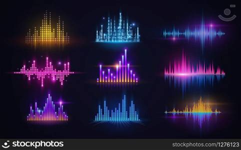 Music equalizer neon sound waves, audio digital technology vector design. Sound frequency spectrum abstract music wave patterns with blue, purple and yellow glowing light graphs. Music sound wave neon equalizers, audio technology