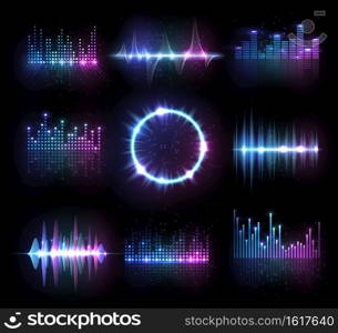 Music equalizers, isolated vector audio or radio waves, sound frequency lines and circle. Digital player display waveform, hud technology for tune bar, soundwave recorder signal. Song studio pulse set. Music equalizers, vector audio or radio waves set