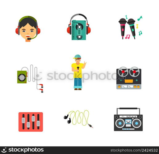 Music equipment icon set. Headset Earphones with cassette player Earphones with player Reel tape deck stereo recorder Equalizer Mini earphones Boom blaster. Contains bonus icon of Karaoke and Rapper