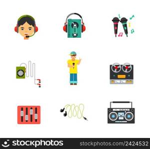 Music equipment icon set. Headset Earphones with cassette player Earphones with player Reel tape deck stereo recorder Equalizer Mini earphones Boom blaster. Contains bonus icon of Karaoke and Rapper