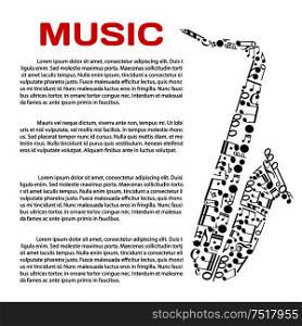 Music event poster design template. Jazz festival, music award or party banner with saxophone symbol created of musical notes and symbols of music notation, header Music and text layout in the center. Musical poster with notes in a shape of saxophone