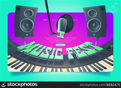 Music fest banner. Invitation to musical festival, live concert event. Vector landing page with cartoon illustration of synthesizer keyboard, loudspeakers and microphone. Music fest, live musical concert banner