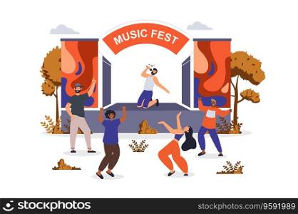 Music fest concept with character scene for web. Women and men dancing and listening singer on stage at music festival. People situation in flat design. Vector illustration for marketing material.