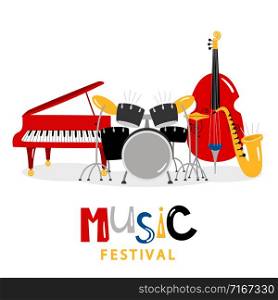Music festival background with color music instruments isolated on white background. Illustration of music festival, sound instrument, piano and trumpet. Music festival background with color music instruments isolated on white background