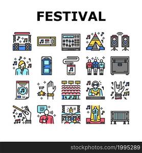 Music Festival Band Equipment Icons Set Vector. Singer Singing In Microphone And Orchestra Playing On Musician Instrument, Rock And Classical Music Concert Festive Event Line. Color Illustrations. Music Festival Band Equipment Icons Set Vector