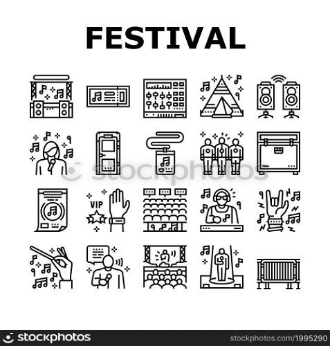 Music Festival Band Equipment Icons Set Vector. Singer Singing In Microphone And Orchestra Playing On Musician Instrument, Rock And Classical Music Concert Festive Event Black Contour Illustrations. Music Festival Band Equipment Icons Set Vector